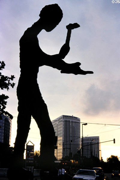 Hammering Man motorized sculpture (1991) by Jonathan Borofsky at Frankfurt Messe. Frankfurt am Main, Germany.