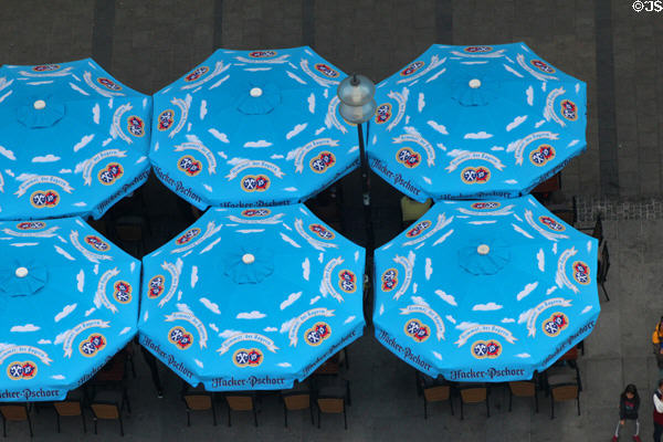 Sidewalk cafe umbrellas from Neues Rathaus Tower. Munich, Germany.