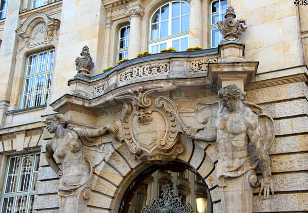Carvings on facade of Bayerische-Hypotheken und Wechselbank heritage building at Kardinal-Faulhaber-Straße 10. Munich, Germany.