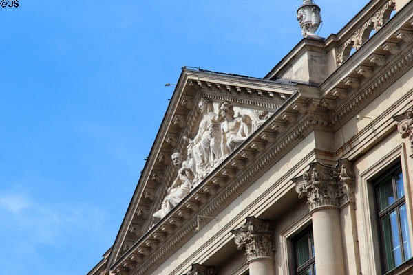Pediment of Bayerische Staatsbank building on Kardinal-Faulhaber-Straße. Munich, Germany.