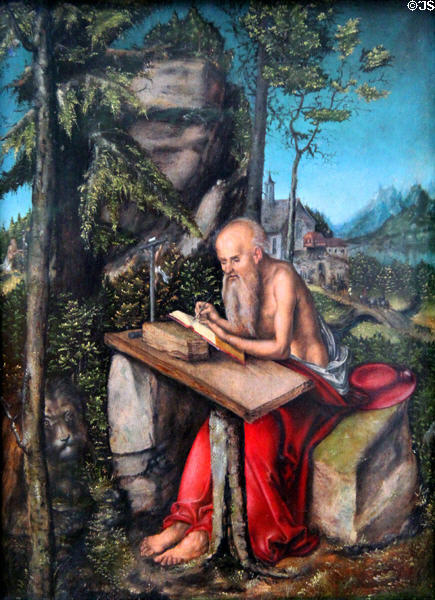 St Jerome in Rocky Landscape painting (1515) by Lucas Cranach the Elder at Berlin Gemaldegalerie. Berlin, Germany.