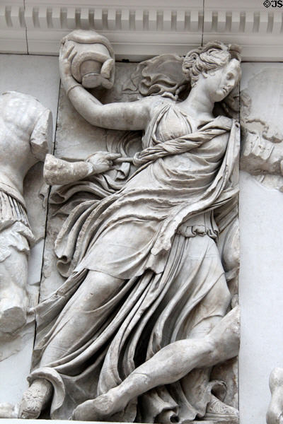 Details of Hellenistic carvings on Pergamon main altar (c170 BCE) at Pergamon Museum. Berlin, Germany.