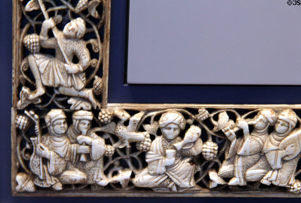 Corner detail of ivory frame with hunting & feasting scenes (11th-12thC) from Egypt at Pergamon Museum. Berlin, Germany.
