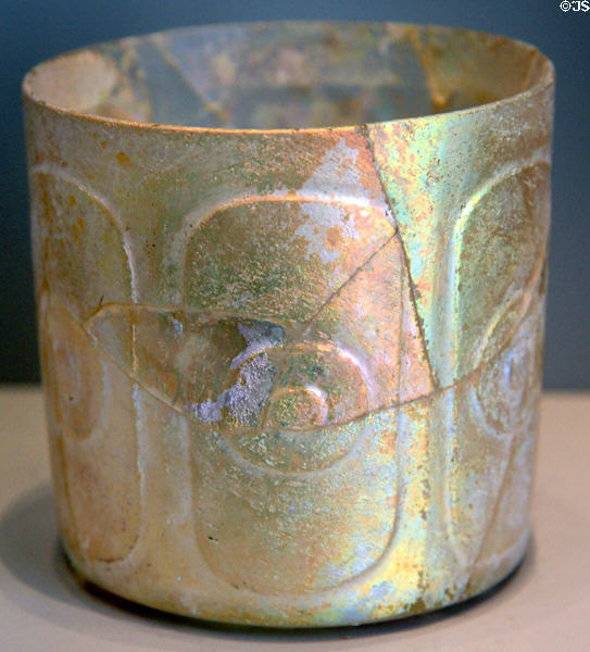 Glass beaker with cut decorations (9th-10thC) from Iran at Pergamon Museum. Berlin, Germany.