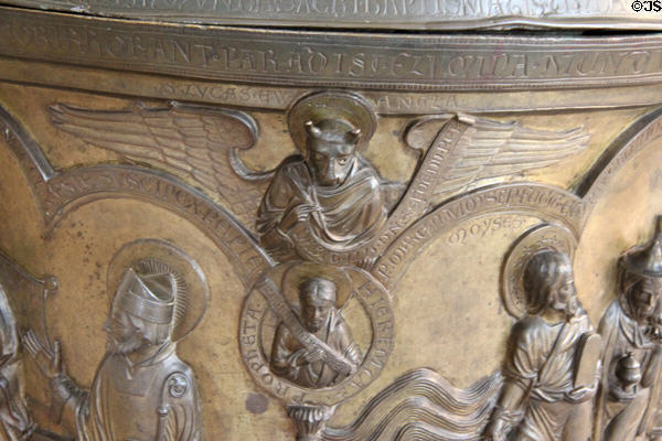 Winged bull of St Luke Evangelist on baptismal font (c1230) from Lower Saxony at Bode Museum. Berlin, Germany.