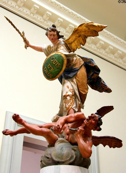 St Michel Overcoming Satan linden wood carving (1755-60) by Ignaz Günther from Munich at Bode Museum. Berlin, Germany.
