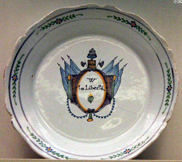 French Revolutionary ceramic plate painted with symbols from post king Jacobine era at German Historical Museum. Berlin, Germany.