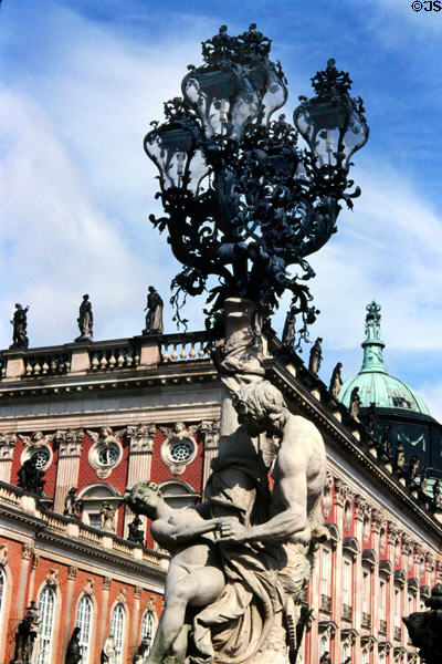 Baroque lamp stand at New Palace (1769) at Sanssouci Park. Potsdam, Germany.