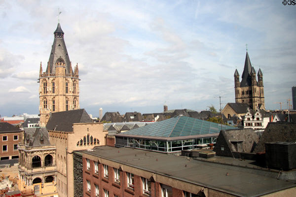 Towers of City Hall & Great St Martin church. Köln, Germany.