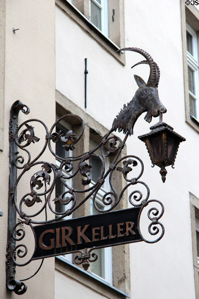 Ornate sign for Gir Keller wine cellar near Alter Markt. Köln, Germany.