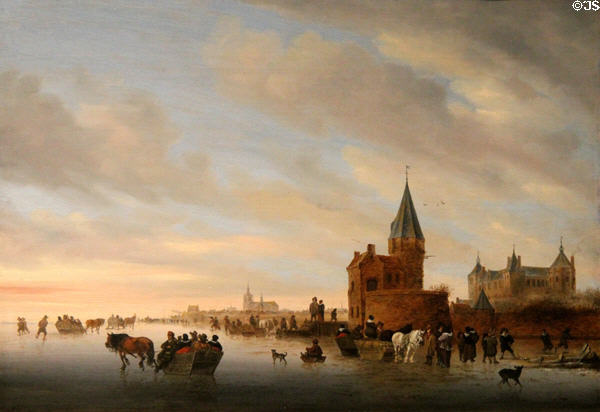 Winter Landscape with Activities on Ice painting (1652) by Salomon van Ruysdael at Wallraf-Richartz Museum. Köln, Germany.