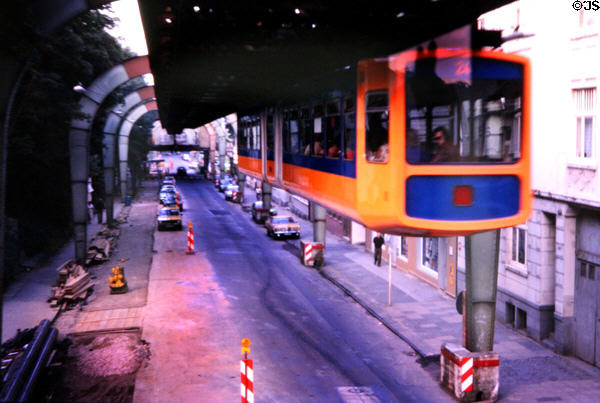 Hanging monorail (1901), world's oldest suspended railway for transporting passengers. Wupperthal, Germany.