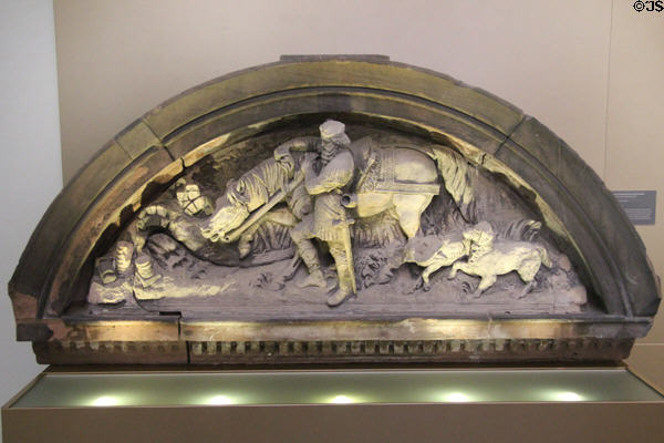 Charlemagne Discovers Aachen's Hot Springs lime & sandstone sculpture (1879) at New Aachen City Museum. Aachen, Germany.