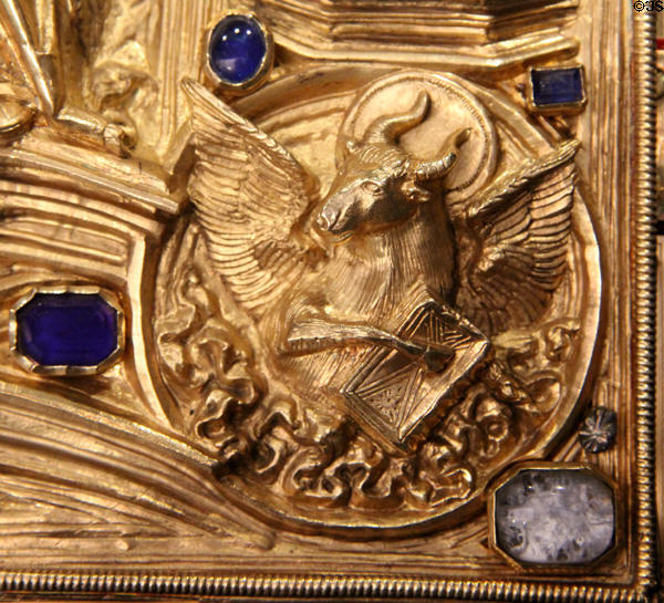 Bull, symbol of Evangelist Luke, on cover of Imperial Gospel Book (795) at New Aachen City Museum. Aachen, Germany.