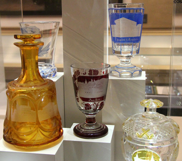 Spa glasses with Aachen motifs (c1840-1900) at New Aachen City Museum. Aachen, Germany.