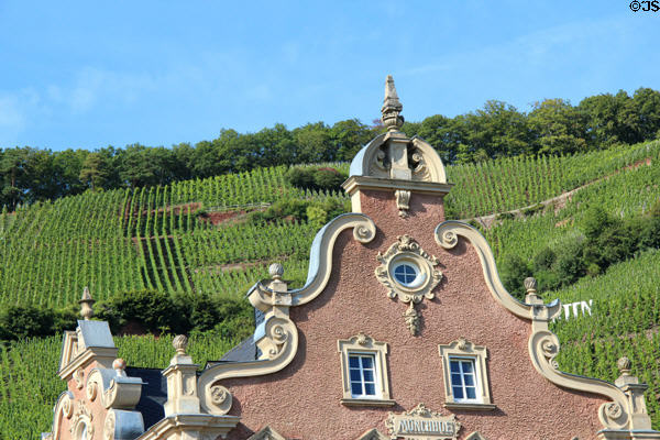 Dutch style stepped roofline on Mönchhof building. Ürzig, Germany.