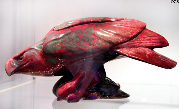Eagle-shaped lidded vessel (1895) by Hermann August Kähler & Karl Hansen-Reistrup (Denmark) at Hamburg Decorative Arts Museum. Hamburg, Germany.