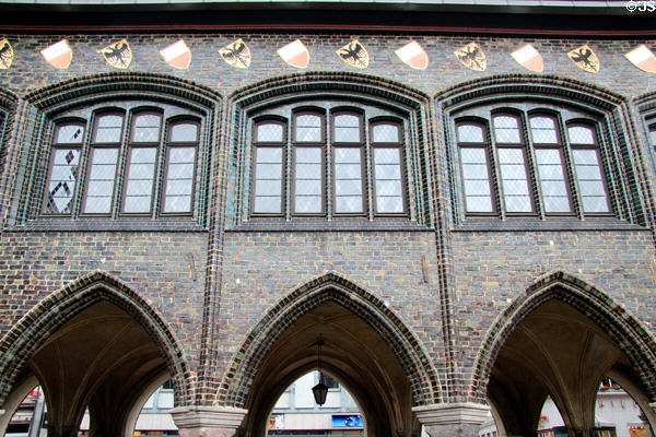Long House ground floor arcade held goldsmith stalls until 1868 at Lübeck Rathaus. Lübeck, Germany.