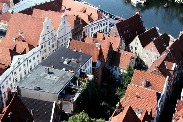 Roofline within historic but rebuilt core of Lübeck from on St Peter's Church. Lübeck, Germany.