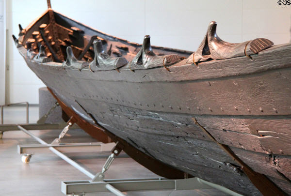 Exterior plank construction details of Nydam ship at Schleswig Holstein State Museum at Gottorf Palace. Schleswig, Germany.