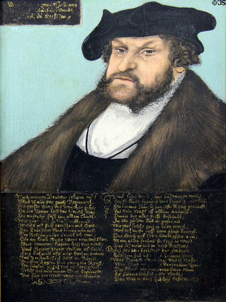 Elector Johann I the Steadfast of Saxony portrait (c1532) by workshop of Lucas Cranach the Elder at Schleswig Holstein State Museum. Schleswig, Germany.