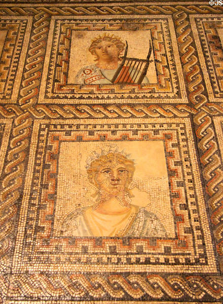 Muses Roman floor mosaic panels of Terpsichore (dance) & Calliope (epic poetry) (mid 3rdC) at Trier Archaeological Museum. Trier, Germany.