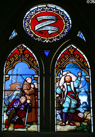 New Haven Cathedral stained glass of Christopher Columbus who named island. Roseau, Dominica.