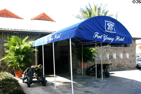 Fort Young Hotel offers luxury in a former military bastion. Roseau, Dominica.