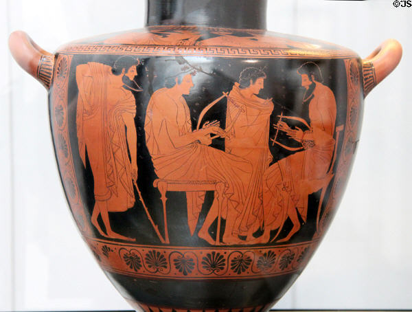 Greek terracotta red-figure Hydria with music students & teacher (c510 BCE) by Phintias at Antikensammlungen. Munich, Germany.