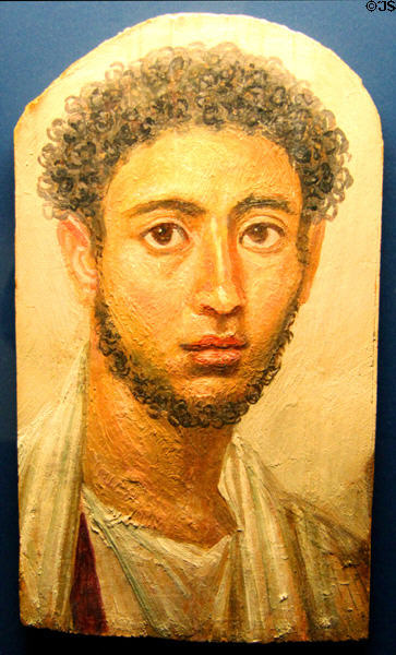 Mummy portrait painted on wood (c140 CE) from Hawara, Egypt at Antikensammlungen. Munich, Germany.