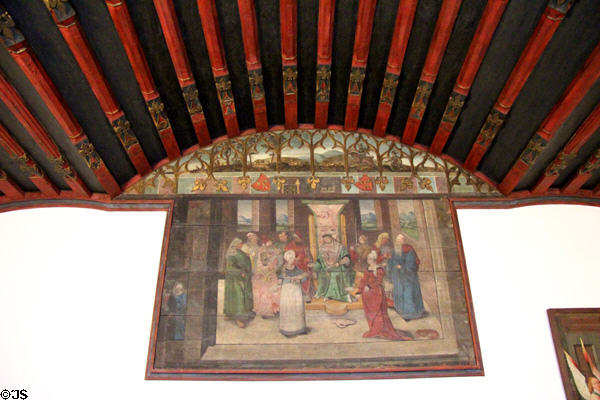 Painted ceiling beams over painting of story of King Salomon (c1500s) at Bavarian National Museum. Munich, Germany.