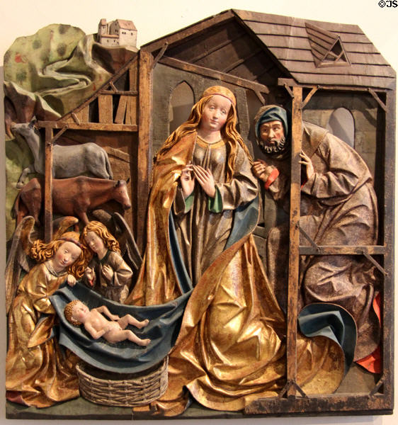 Nativity wood carving by circle of Erasmus Grasser at Bavarian National Museum. Munich, Germany.