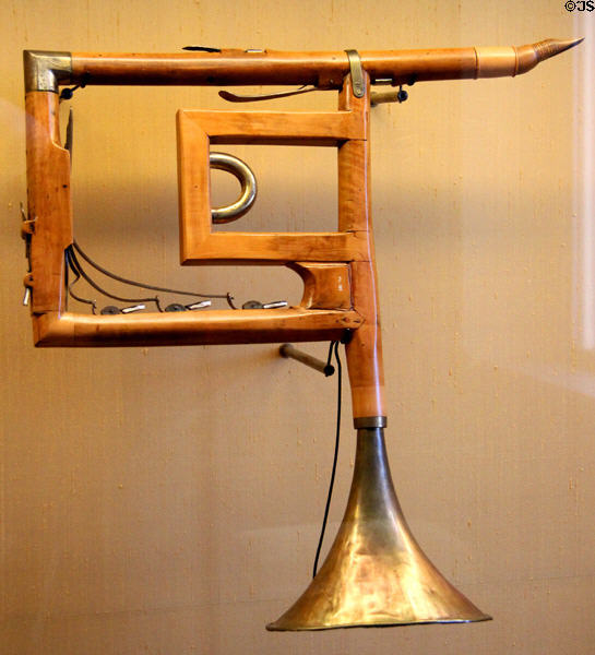 Bassett horn of boxwood with silver-plated pieces (end 18thC) from Mannheim at Bavarian National Museum. Munich, Germany.