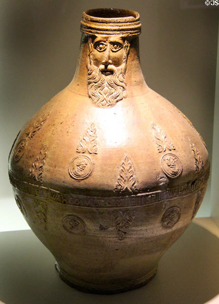 Bartmann jug (1560-80) with frieze around middle at Deutsches Museum. Munich, Germany.