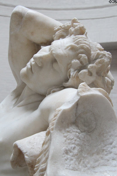 Detail of face of Barberini Faun (220 BCE) a Greek sculpture move to Rome during Roman empire at Glyptothek. Munich, Germany.