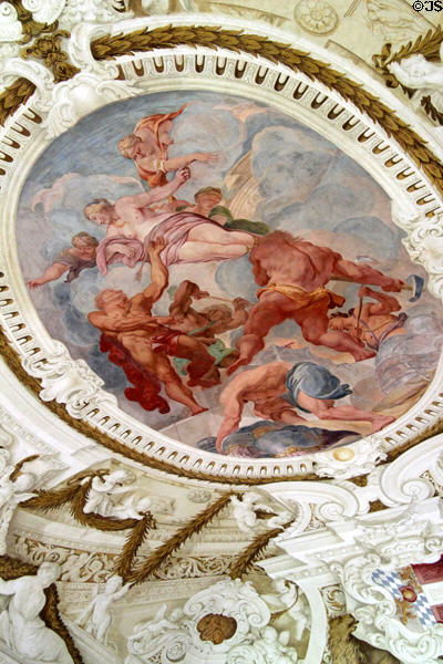 Rococo ceiling fresco (1684) to glorify Diana, goddess of the hunt by Francesco Rosa, Giovanni Trubillo & Johann Anton Gumpp in Lustheim Palace at Oberschleißheim. Munich, Germany.