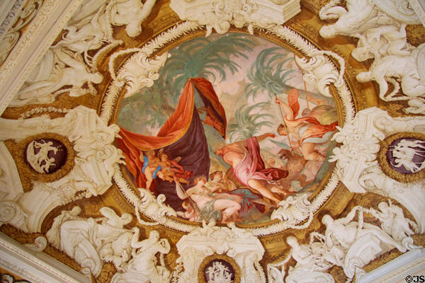 Rococo ceiling fresco (1684) to glorify Diana, goddess of the hunt by Francesco Rosa, Giovanni Trubillo & Johann Anton Gumpp in Lustheim Palace at Oberschleißheim. Munich, Germany.