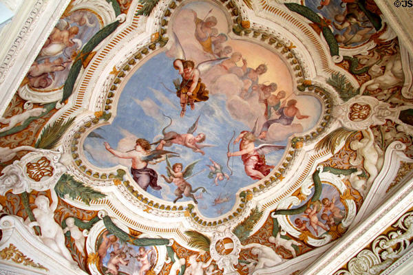 Rococo ceiling fresco (1684) to glorify Diana, goddess of the hunt by Francesco Rosa, Giovanni Trubillo & Johann Anton Gumpp in Lustheim Palace at Oberschleißheim. Munich, Germany.