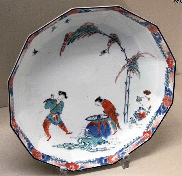 Meissen porcelain twelve-sided plate (c1725-30) after Japanese pattern at Meissen porcelain museum at Lustheim Palace. Munich, Germany.