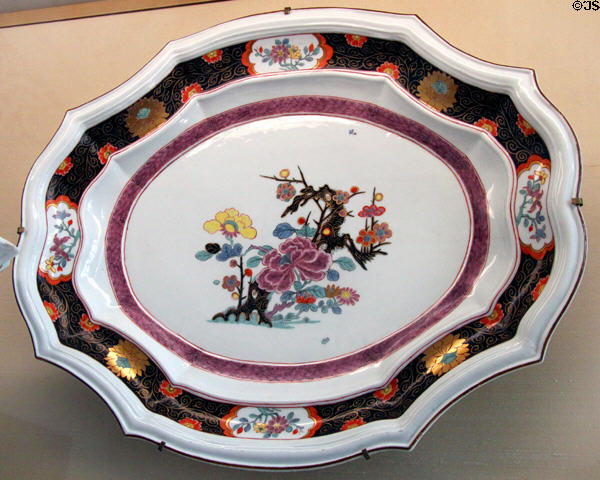 Meissen porcelain platter (c1740s) painted with flowers at Meissen porcelain museum at Lustheim Palace. Munich, Germany.