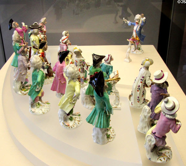 Meissen porcelain monkey orchestra by Johann Joachim Kaendler (1753) &/or Peter Reinicke (1765-6) at Meissen porcelain museum at Lustheim Palace. Munich, Germany.