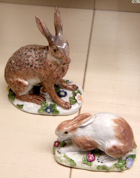 Meissen porcelain rabbit figures at Meissen porcelain museum at Lustheim Palace. Munich, Germany.