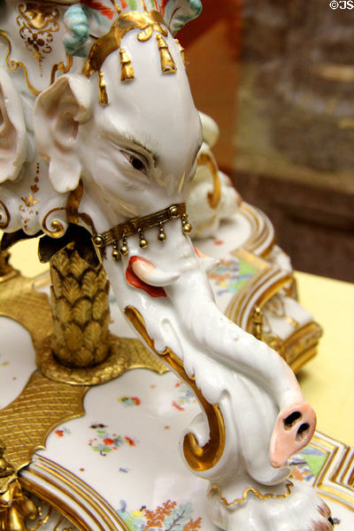 Detail of Meissen porcelain elephant candelabra (1735) by Johann Joachim Kaendler at Meissen porcelain museum at Lustheim Palace. Munich, Germany.
