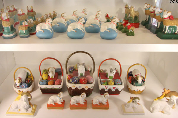 Painted lamb of god figures at folk art Collection Gertrud Weinhold. Munich, Germany.