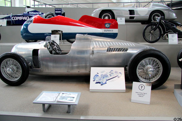 Collection of streamlined racing vehicle at Deutsches Museum Transport Museum. Munich, Germany.
