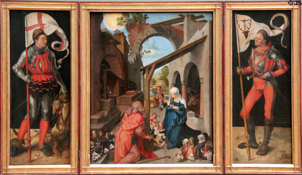 Paumgartner altar Birth of Christ flanked by Sts George & Eustachius painting (c1500) by Albrecht Dürer at Alte Pinakothek. Munich, Germany.