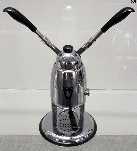 Chromed electric espresso machine "Gaggia" (1950s) at Pinakothek der Moderne. Munich, Germany.