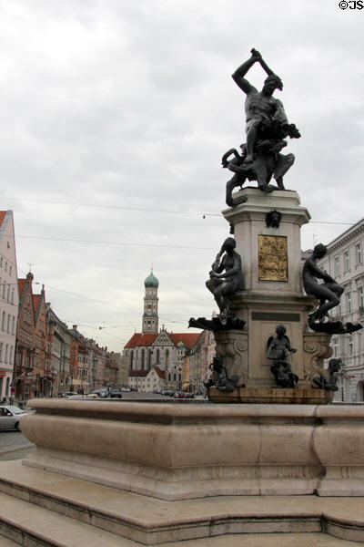 Maximilianstraße buildings & Sts. Ulrich & Afra Basilica seen from Hercules Fountain. Augsburg, Germany.