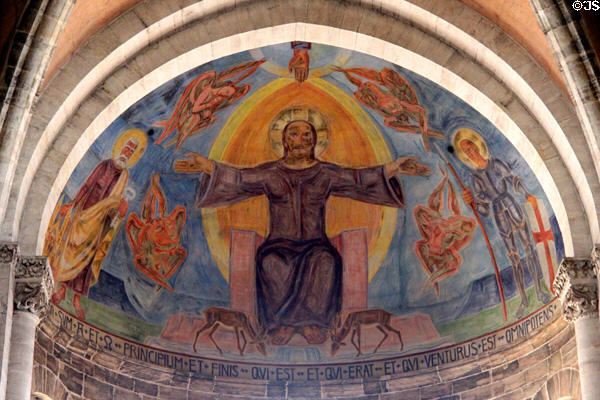 Mural of Christ surrounded by symbols of Evangelists flanked by St Peter & St George at Bamberg Cathedral. Bamberg, Germany.
