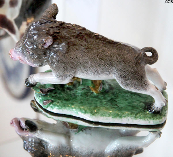 Faience wild boar hunt figures (c1745-54) by Paul Hannong of Strasbourg, France at Bamberg Old Town Hall Museum of Faience & Porcelain. Bamberg, Germany.